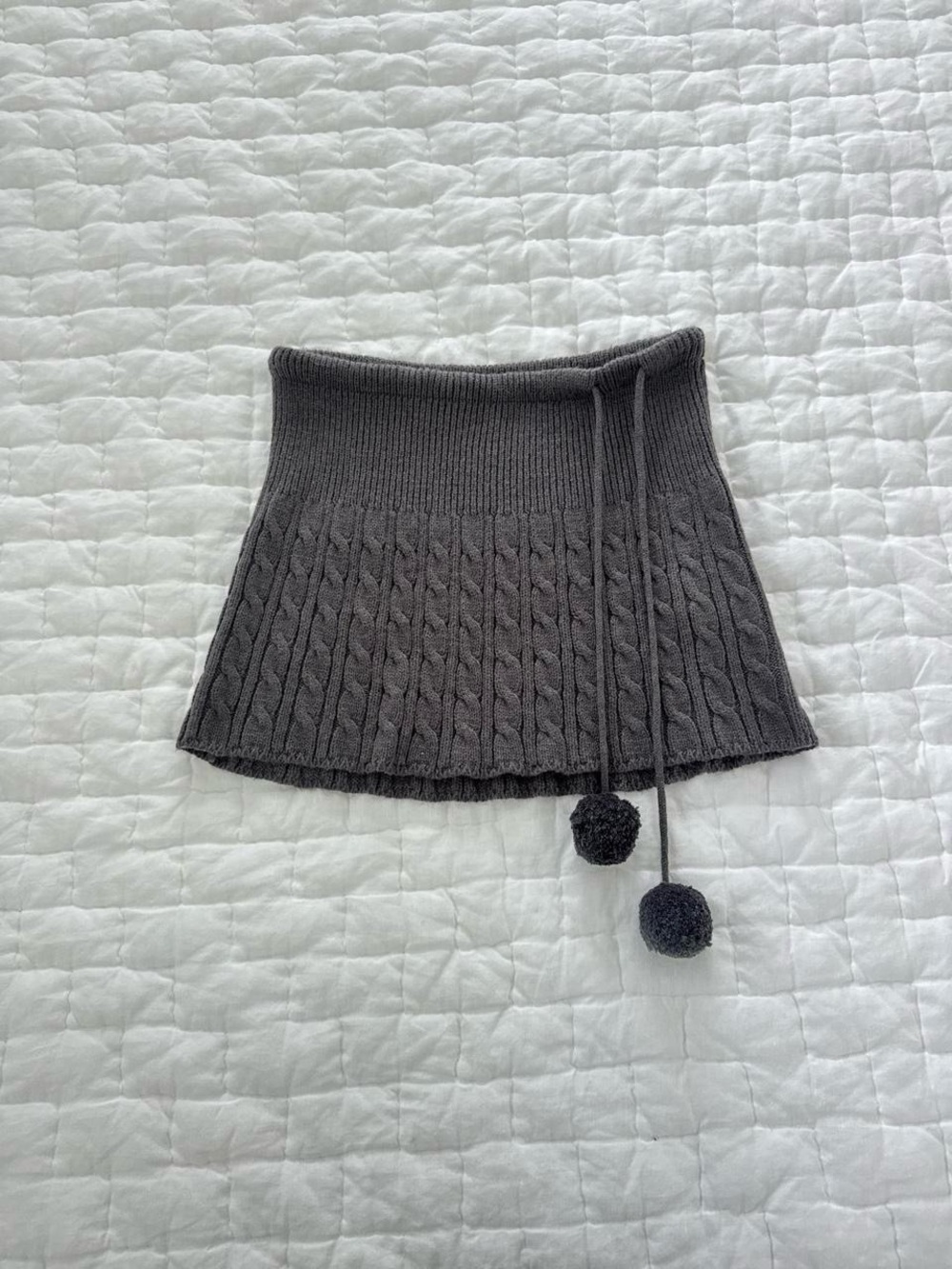 Gray Cable Knit Pom-Pom Mini Skirt